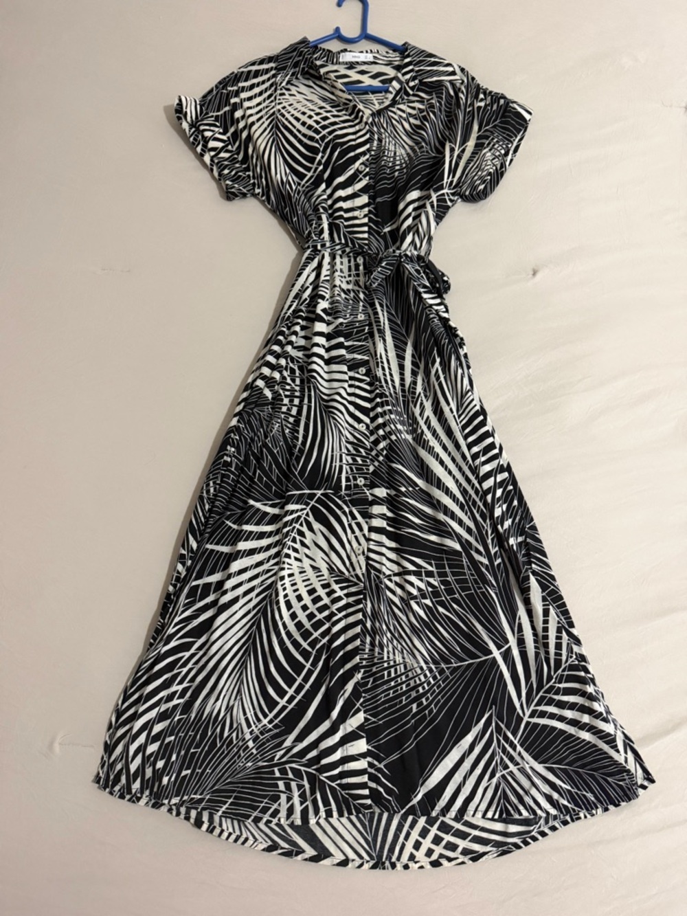 Mango Black & White Palm-Print Maxi Shirt Dress